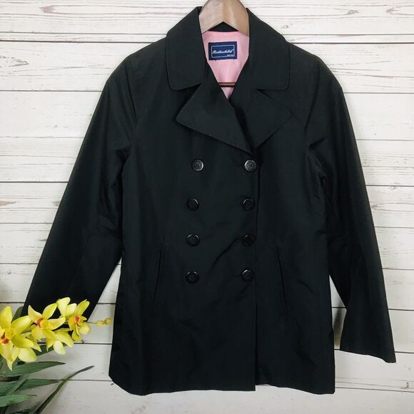 Rothschild Black Double Breasted Rain Trench Coat Girls Size Large Pink Lining - Picture 1 of 6